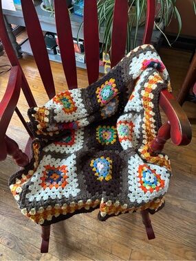 Handmade Crochet Granny Square Blanket in Brown, Cream & Multicolor